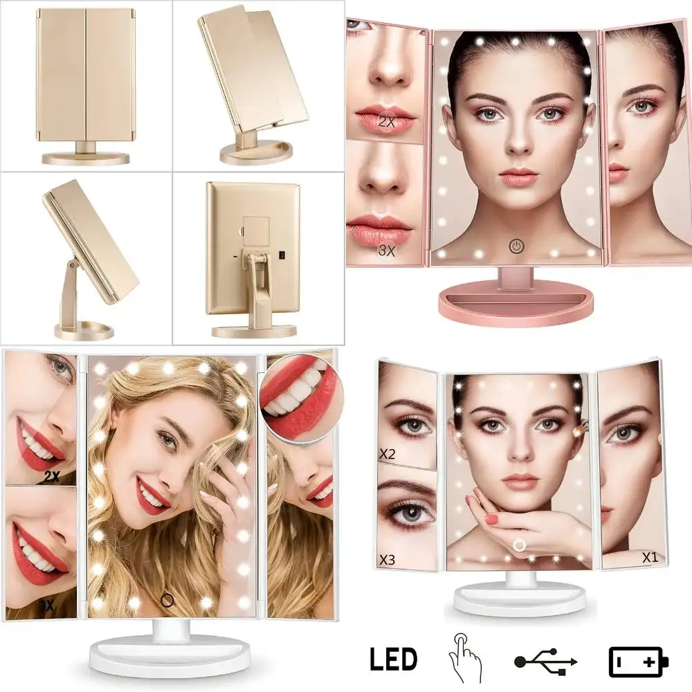 Portable Tri-fold Lighted Vanity Makeup Mirror with 3x/2x/1x Magnification, Bright LEDs Light and Easy-to-Use Touch Screen Techn