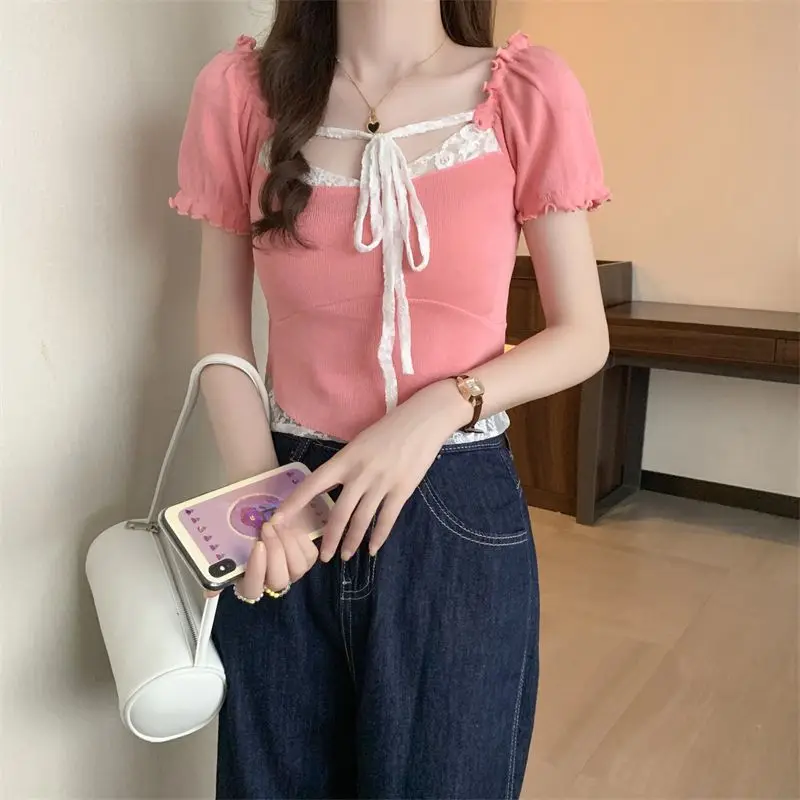 T-shirts Women Solid Lace Fake Two Pieces Simple Creativity Special All-match Summer Daily Prevalent Korean Style Delicate Sweet