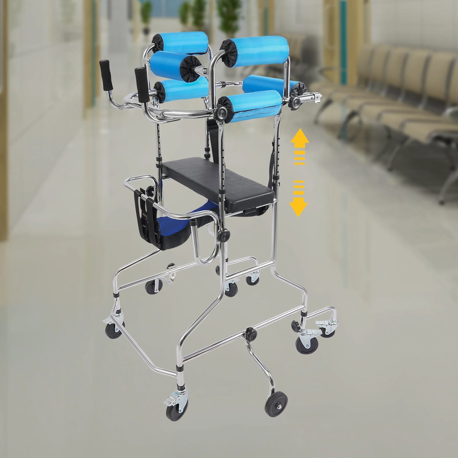 2-in-1 Adjustable Rollator Walker Transport Chair Mobility Aid Walking Aid for Seniors Recovery Cerebral Palsy Standing Support