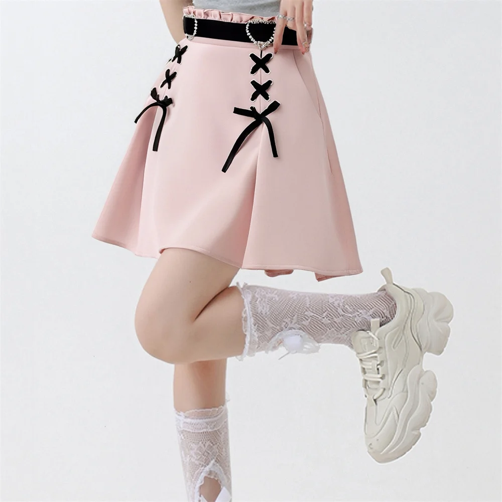 

2025 Pink Black Red Cute Women Kawaii Mini Skirts High Waist Bandage Japanese Lolita Kpop Dance Summer A-line Fashion Lace Skirt