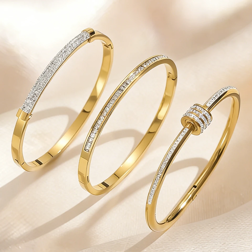 Yupsk 3/1Pcs Classic Stainless Steel Bracelet Set for Women Men Buling Zirconia Bangles Versatile Stacking Fashion Accessories