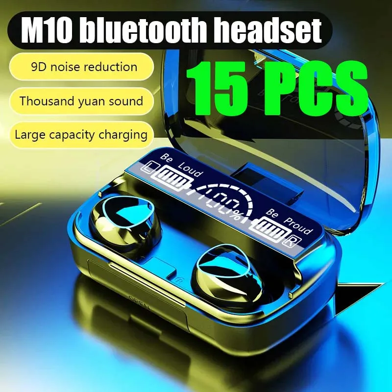 15PCS M10 TWS Bluetooth V5.0 Headphones LED Display Wireless Earphones With Microphone 9D Stereo Sports Waterproof Earbuds