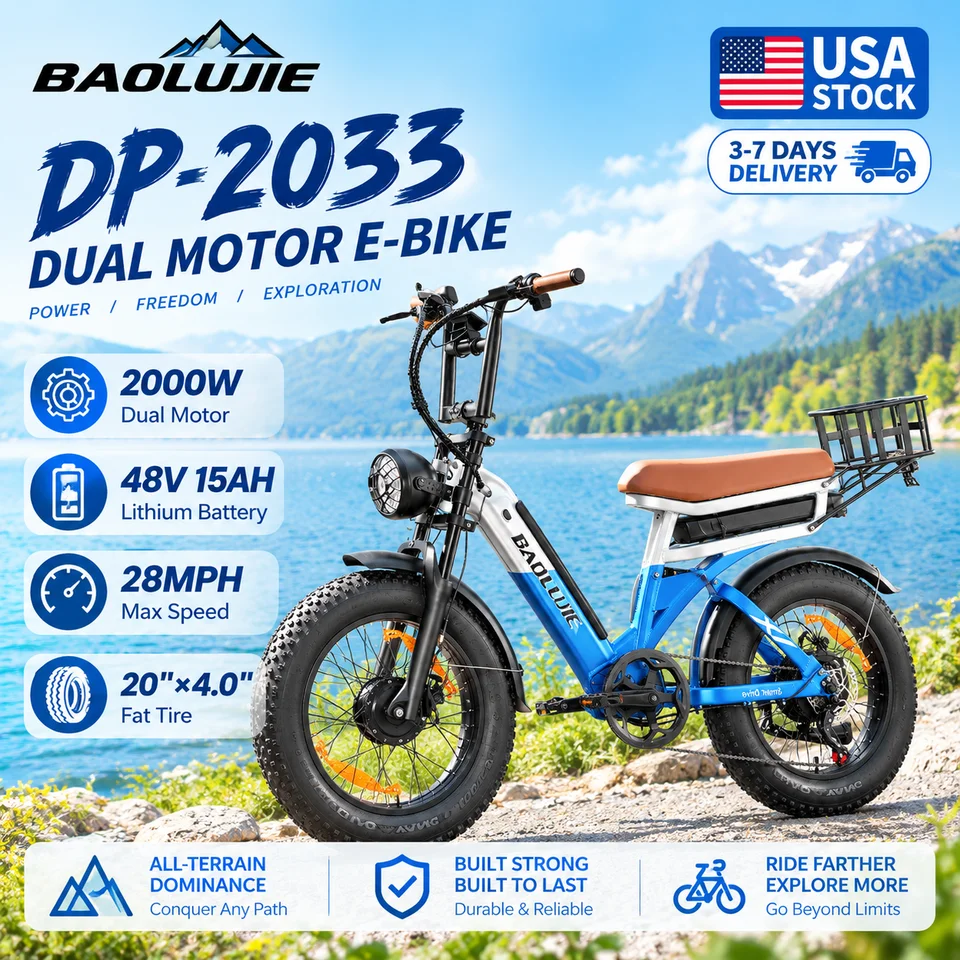 Electric Bike BAOLUJIE DP-2033 for Adults 2000W Dual Motor 31MPH Max Speed 48V 15AH+15AH Dual Battery 20"x4.0" Fat Tire E-Bike with  7-Speed Dual Disc Brakes Front Suspension LCD Display USB Charging for Off-Road Commuting Snow Sand Mountain