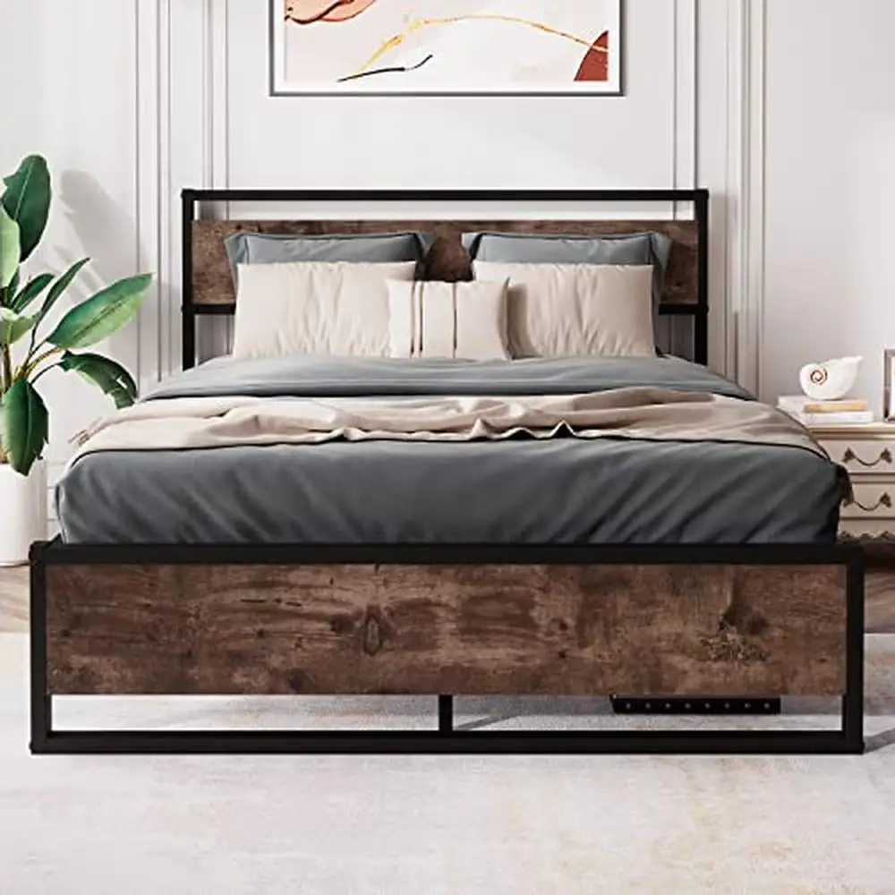 

King Size Metal Platform Bed Frame with Retro Style Wooden Headboard Sturdy Support Legs Easy Assembly Under-Bed Storage Heavy