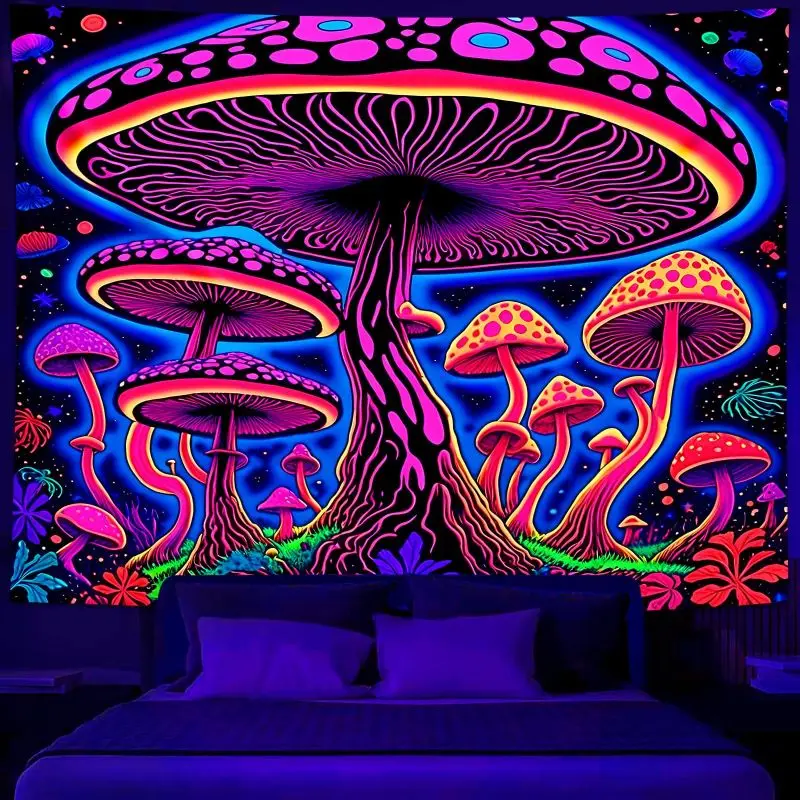 VIKAMA Neon Fluorescent Fantasy Forest Mushroom Tapestry Bedroom Dormitory Hippie Wall Hanging Home Wall Decoration