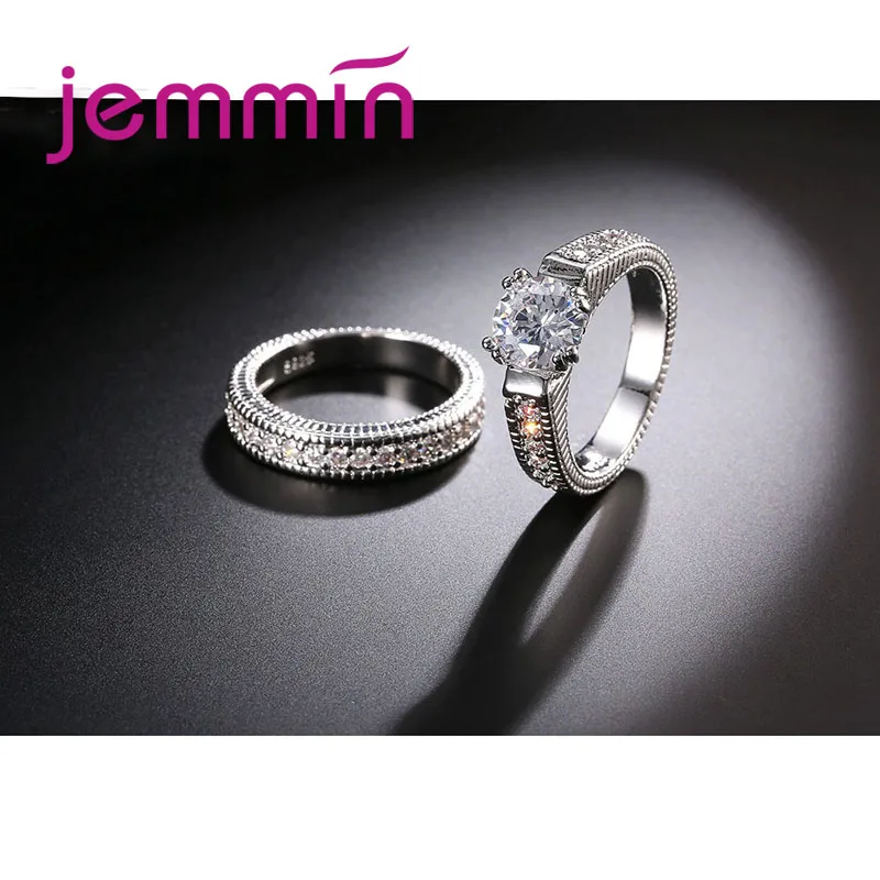 2pcs/lot Female Crystal White Round Ring Set Luxury 925 Silver Engagement Ring For Women Ladies Lover Party Wedding