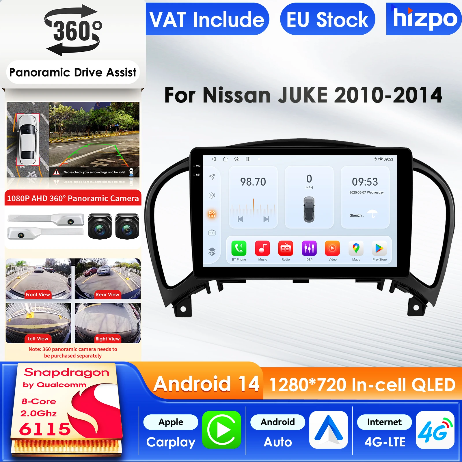 Hizpo 6115 AI Systeme Android 14 Autoradio für Nissan Juke YF15 2010-2014 Multimedia Video Player Carplay 4G WIFI GPS Autoradio