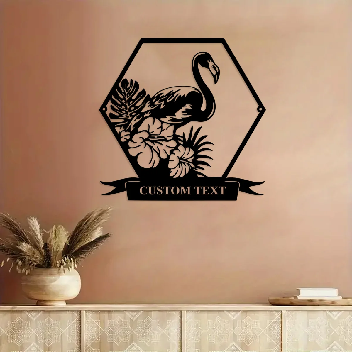 Custom Flamingo Tropical Flowers Metal Wall Art, Name Sign Symbol of love and loyalty Flamingo Metal Decoration For Room Gifts