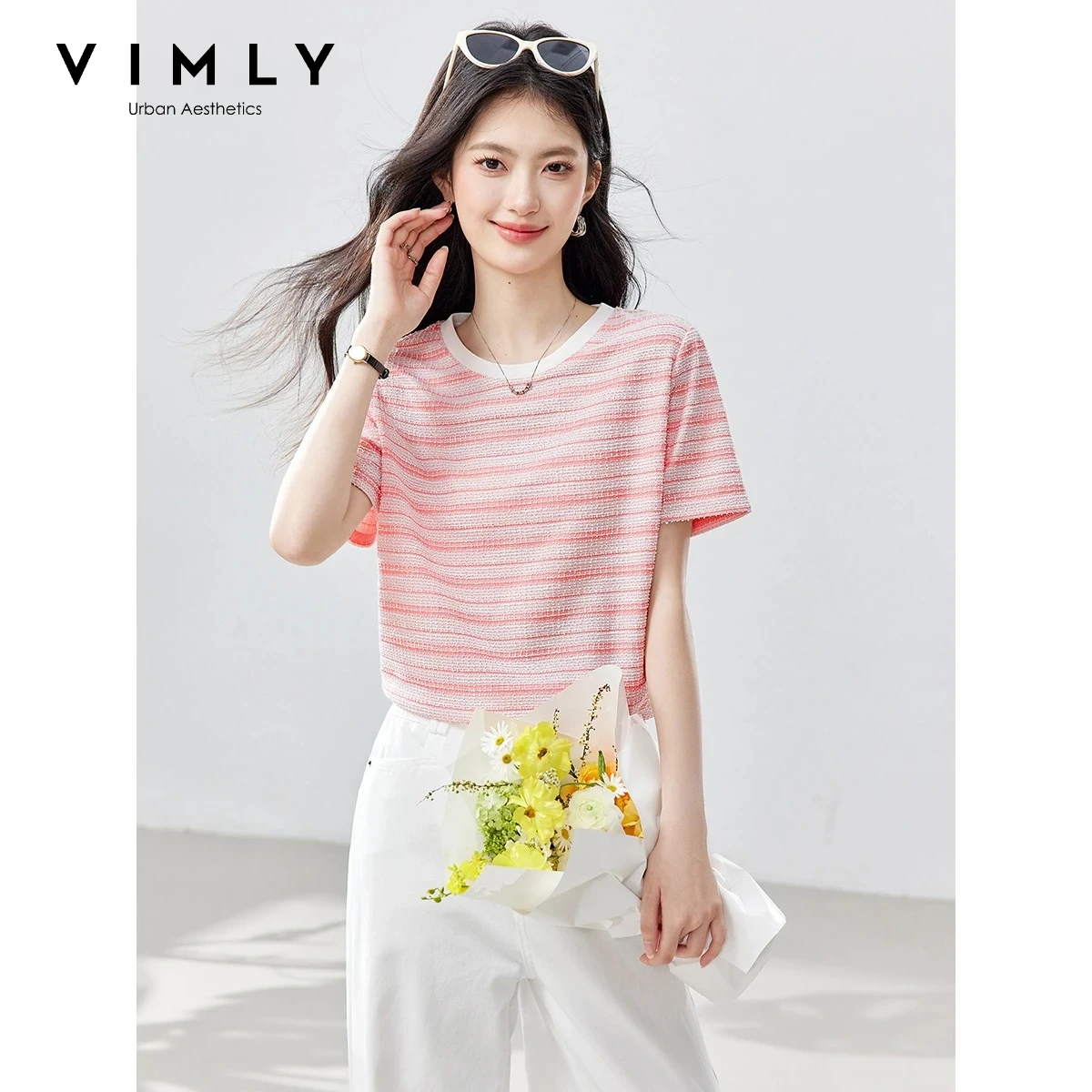VIMLY Fashion Textured Striped T-shirt for Ladies Color Block Ribbed Crew Neck 2026 Summer Loose Short Sleeve Top Women A6613