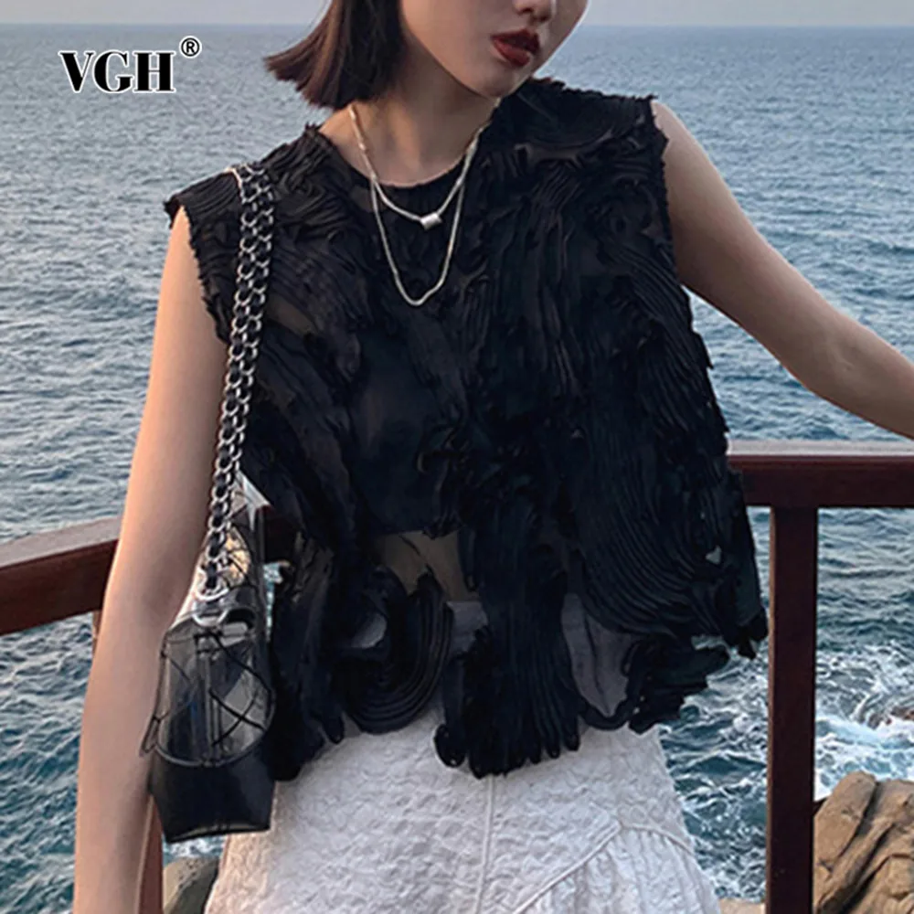 VGH Solid Patchwork Button Sheer Tank Top For Women Round Neck Sleeveless Minimalist Loose Irregular Vest Female Fashion Style