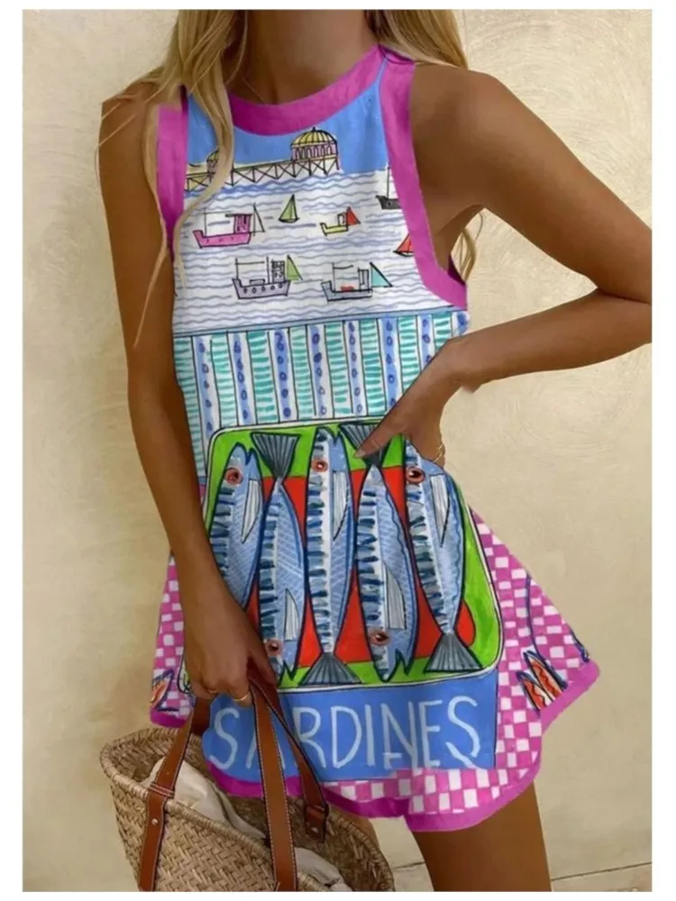 

Summer Dress Casual Retro Printed Temperament Dresses Women's Comfortable Shirtdress New Vacation Beachwear Sleeveless Dresses