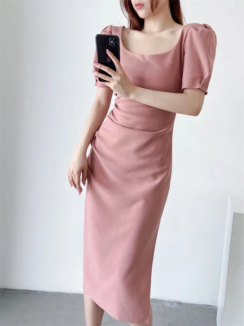 Ele Vintage Long Slim Fit Bubble Sve مثير سبليت Dr ساحة طوق Bodycon Dr Street Sle عالية الخصر ort S...