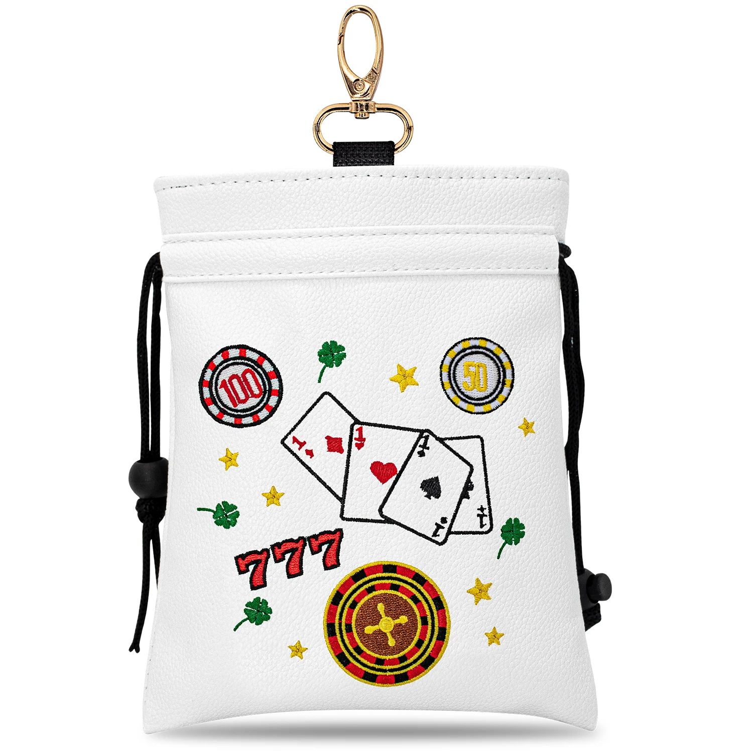 1PC Poker Golf Drawstring Pouch, PU Golf Ball & Tee Storage Bag with Key Ring, Black & White Optional, Great Gift Choice