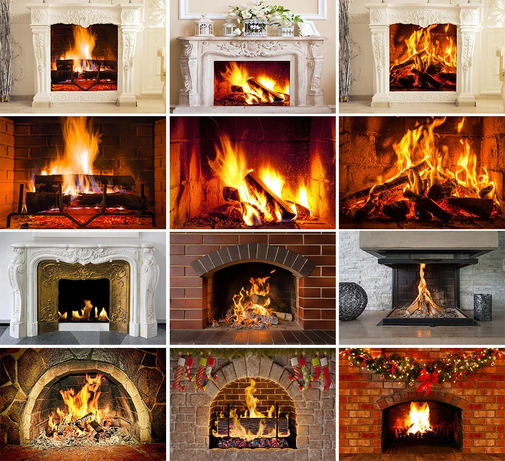 Mehofond Photography Background Brick Wall Fireplace Wood Fire Flame Decor Baby Portrait Christmas Party  Backdrop Photo Studio