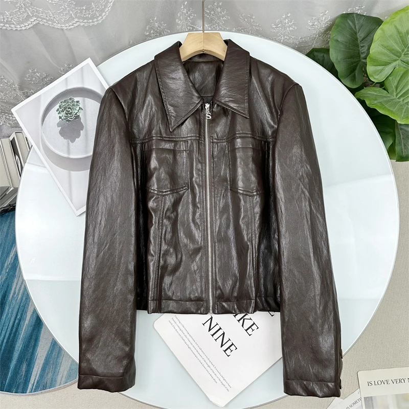 

Zhengqu 898 Brown PU Leather Jacket Zipper Collar Vintage Style Slimming Outerwear Elegant Autumn Fashion Ladies Coat