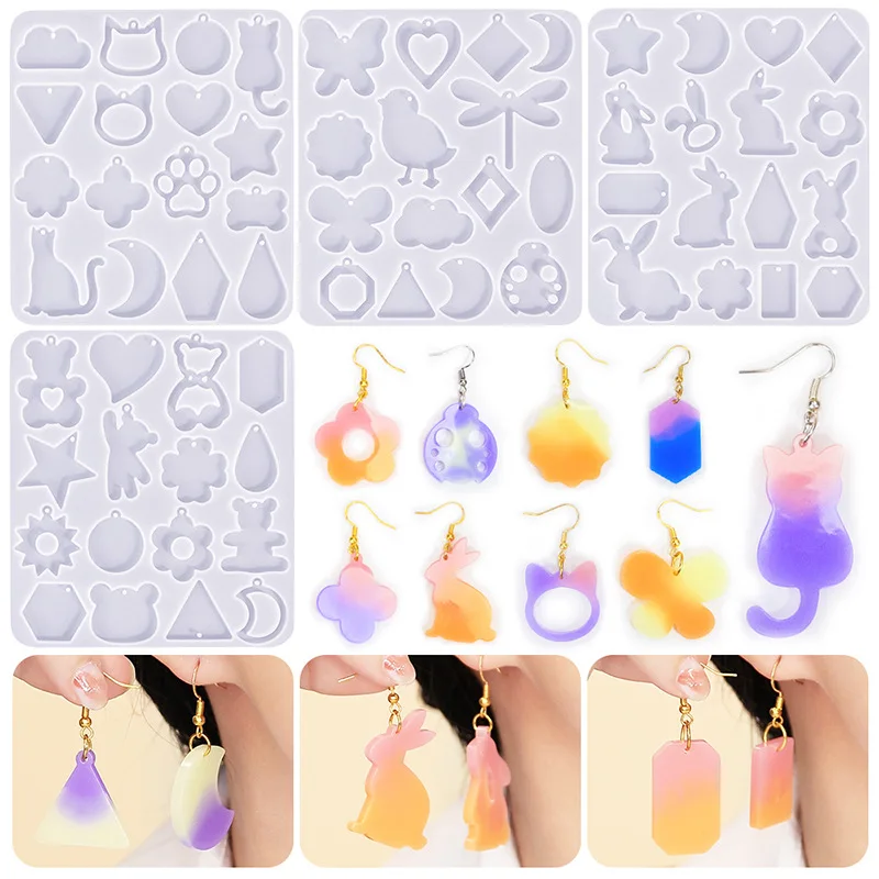 Drip Diy Mould Geometric Animal Earrings Silicone Mold Halloween Chick Kitten Bear Bunny Jewelry Earrings Pendant Molds