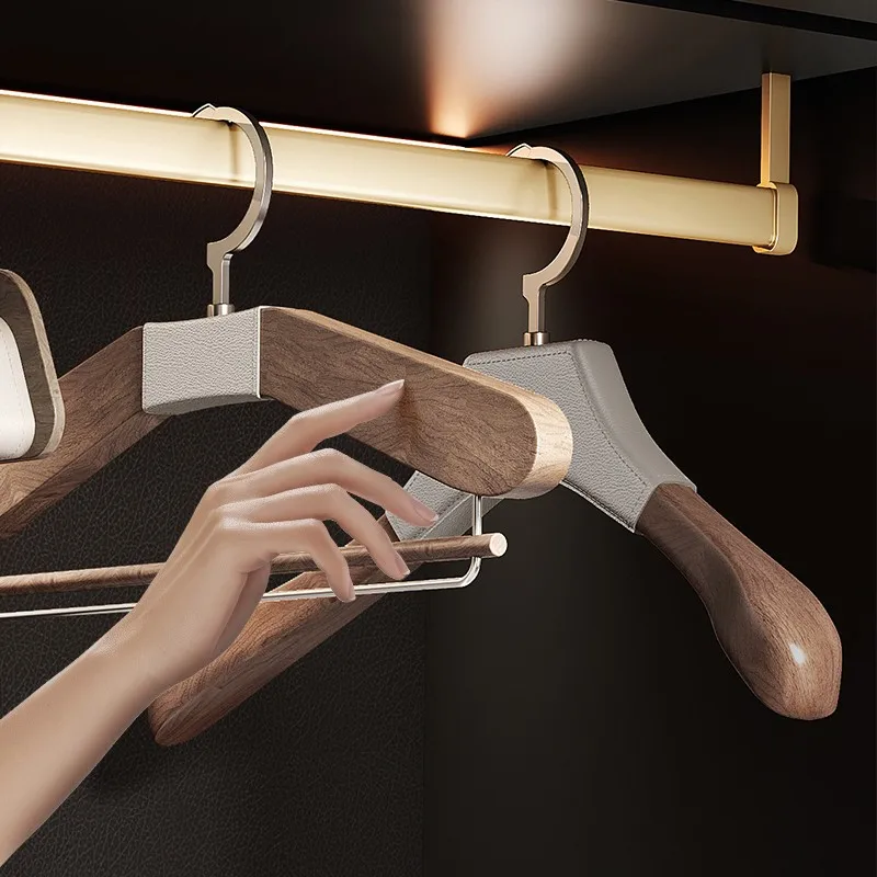 Walnut Wood Leather Non Slip Hanger Wide Shoulder Anti Wrinkle Garment Holder for Suits Premium Clothes Rack Wardrobe Coat Stand