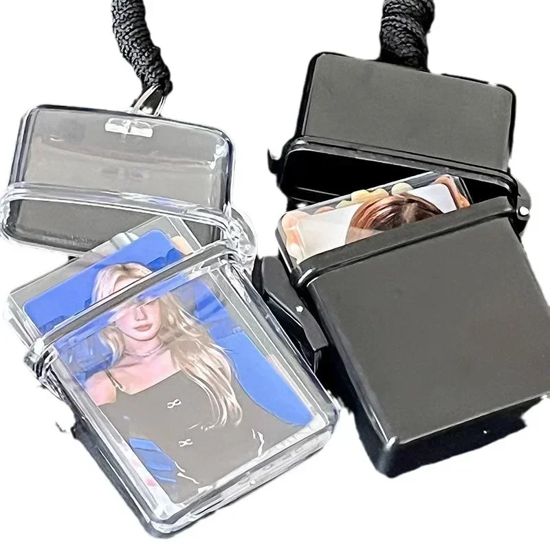 Transparent Photocard Holder Photo Storage Box Twith Rope Card Holder Plastic Square Dustproof Waterproof Box Desk Accessories