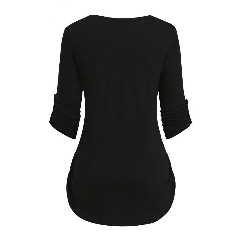 Women's Plus Size Oversized Blouse Button- Shirt with - Solid Color Round Neck Long Sleeve Button-Front Placket, Stretchy