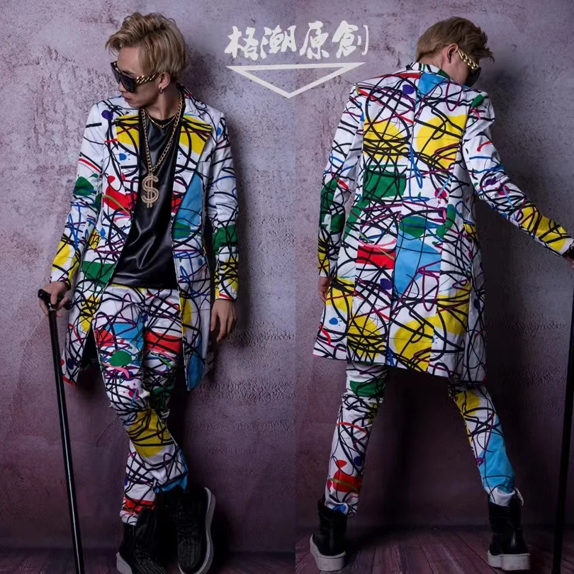 

Nightclub Male Singer Runway Show Line Printed Graffiti Long Suit Jackets Hairdresser Bar Hip Hop Dance Stage Performance Suit