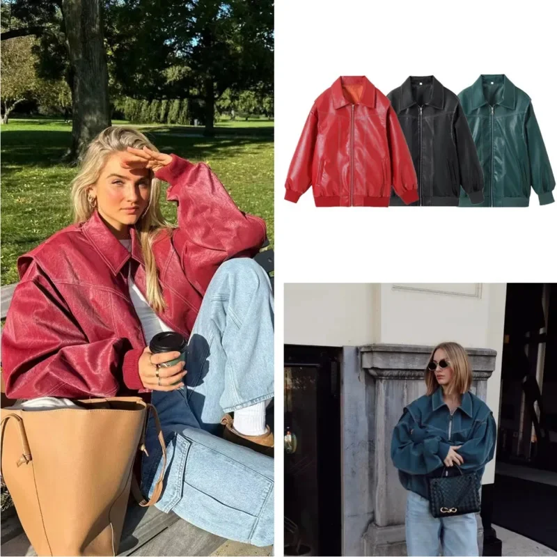 Women Oversized Wine Red Zipper Leather Jacket Contrast Stitch Long Sleeve Lapel Cropped Coat Vintage Autumn Fashion Outerwear