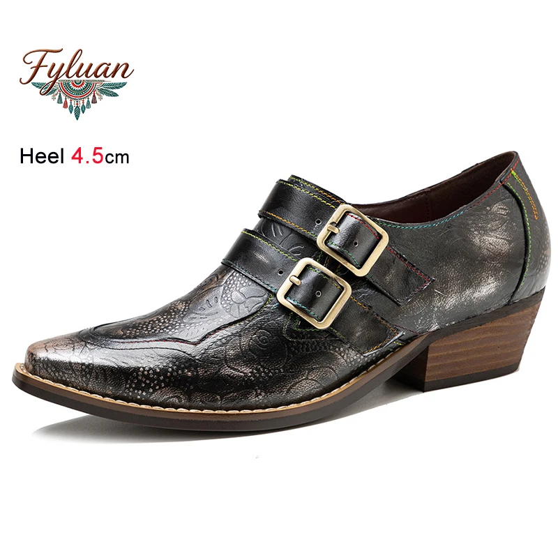 

Spring Fall Retro Dark Floral Texture Women's Shoes Thick Heels 4.5cm Belt Straps Buckle Side Zipper Ladies Pumps Bohemian Shoes
