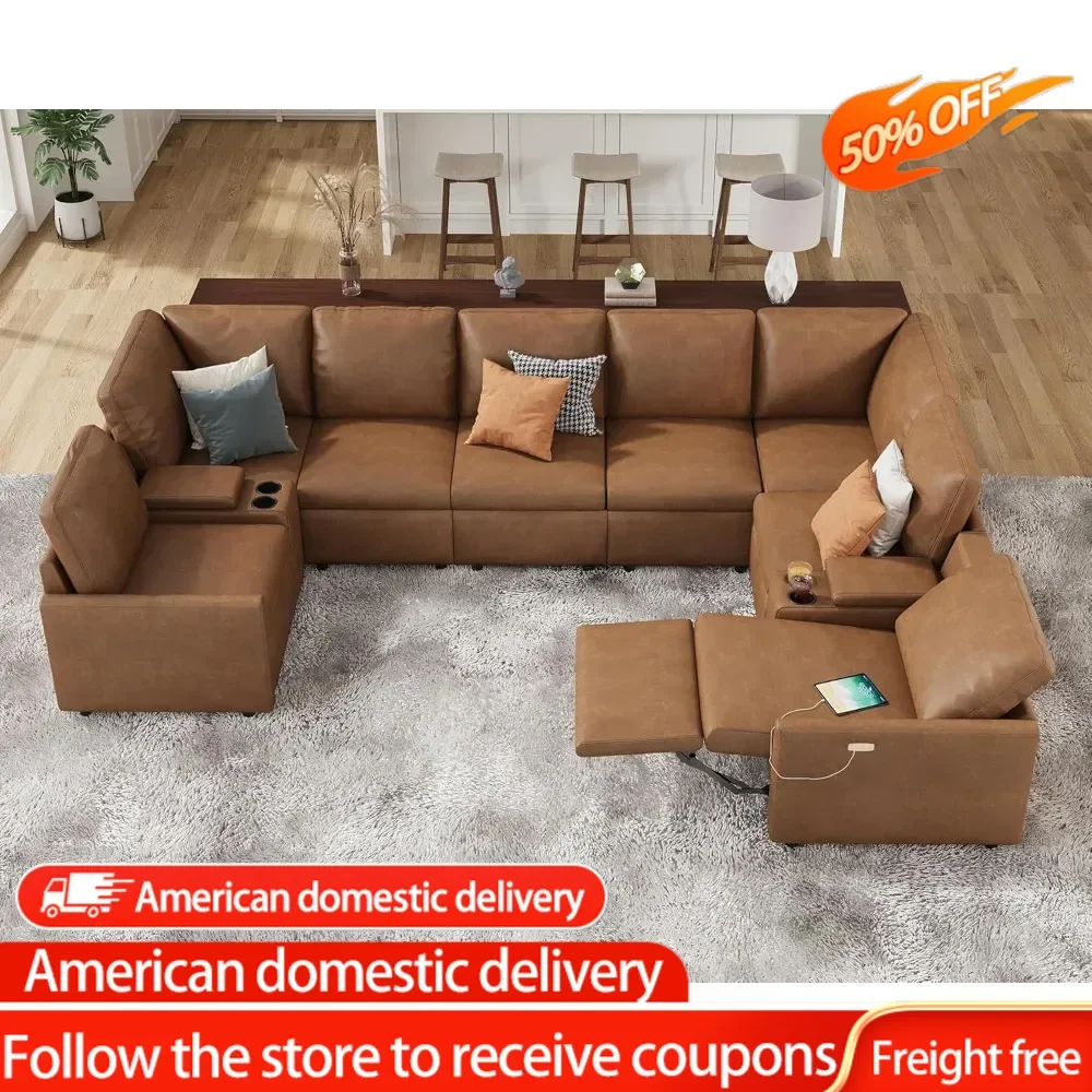 Reclining Sectional Sofa, Power Recliner Right Recliner, 8 Seats U Shaped Couch, Leather Modular Sofa for Living Room