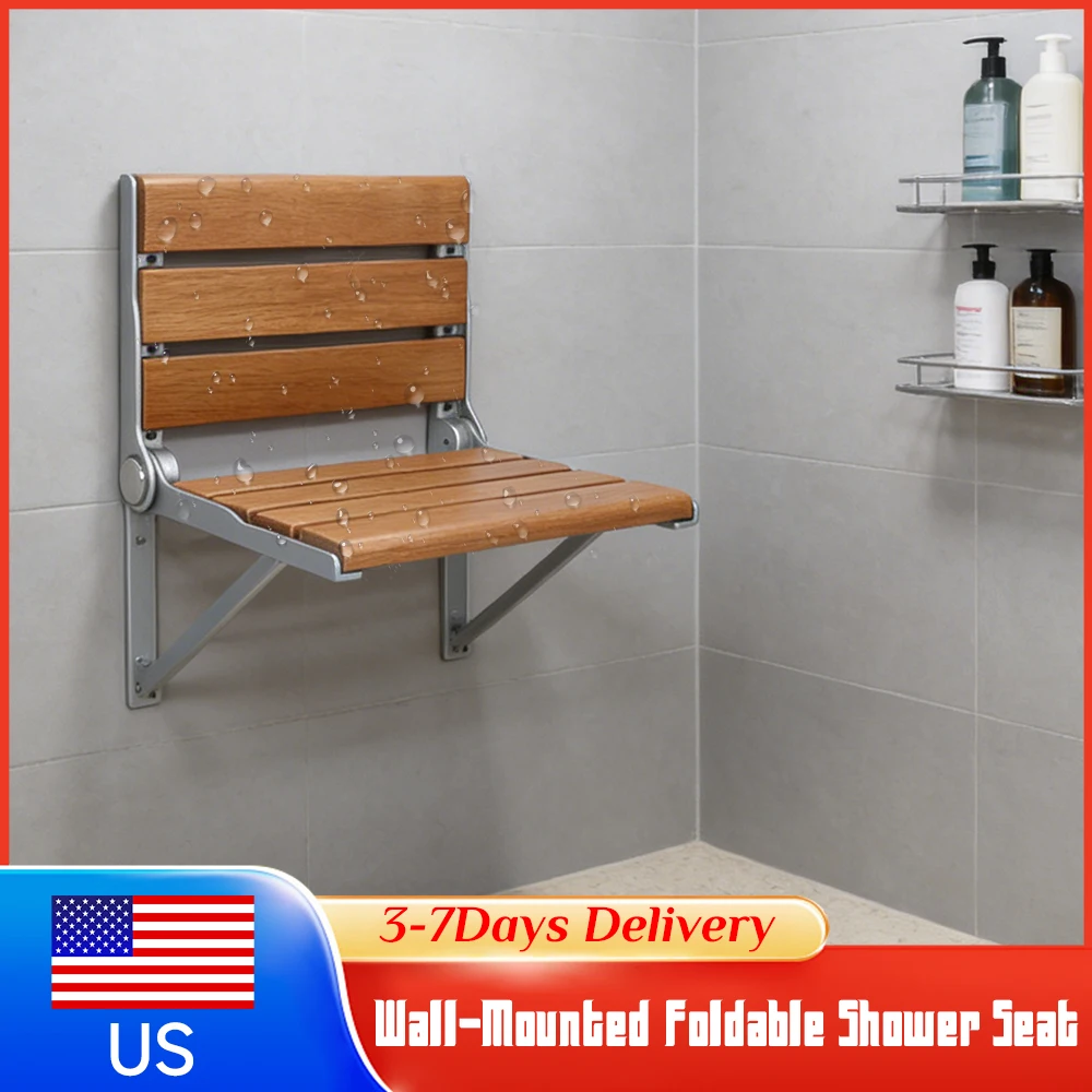 

400lbs Capacity Wall-Mounted Folding Shower Seat with Back Anti-Slip Fold Up Bathroom Stool Chair for Elderly Disabled Pregnant