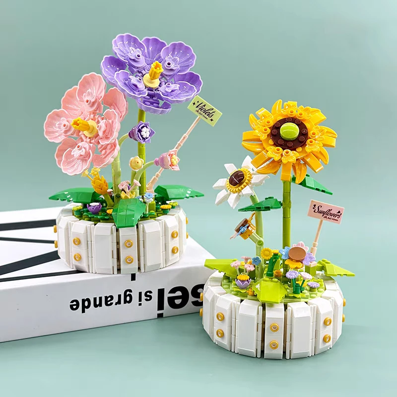 

Violet Potting Building Blocks Assembled Rose Sunflower Eternal Flower 3D Model Carnation Figure Mini Bricks Toys For Santa Gift