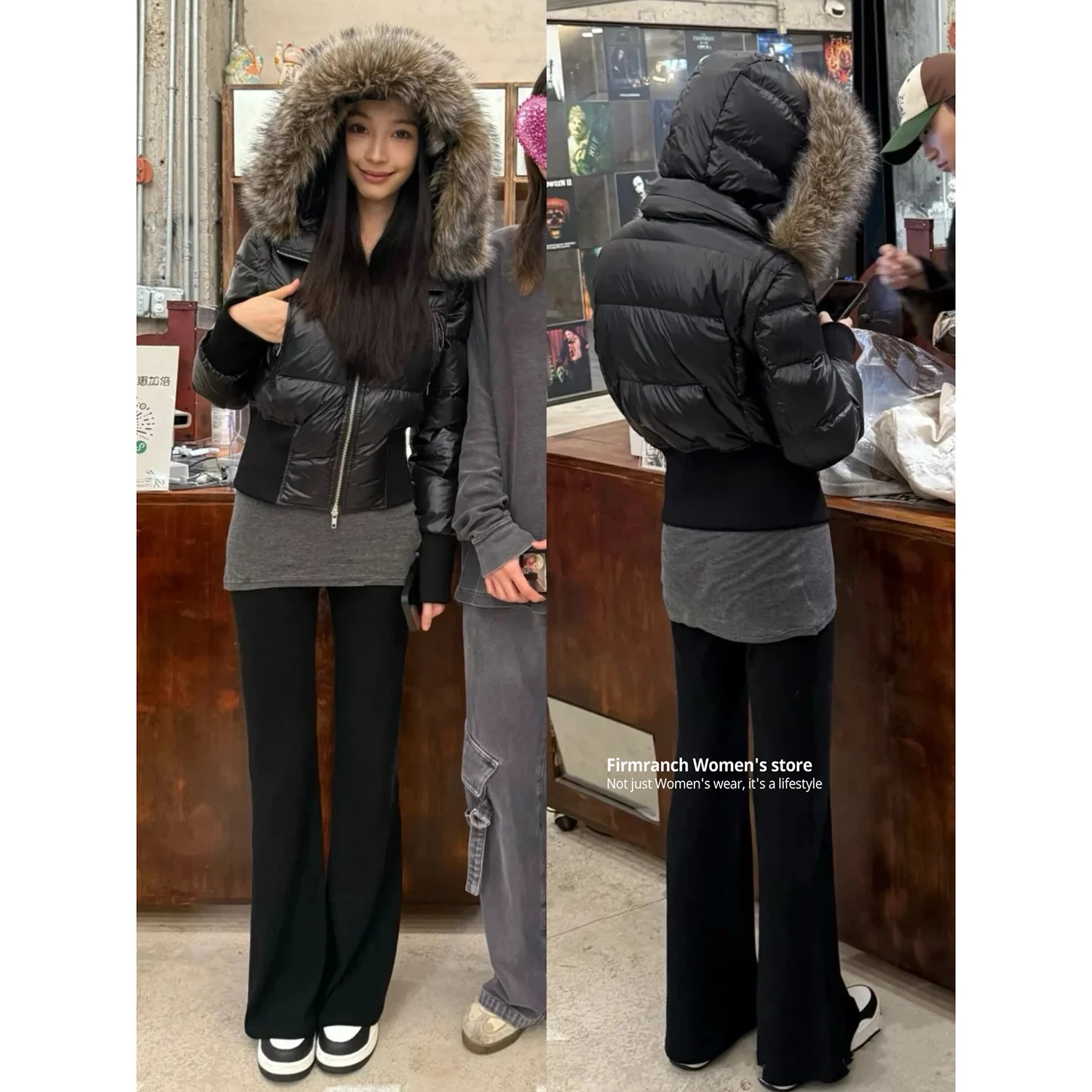 Firmranch New Winter Women's Short Puffer Jacket Chic Girl Removable Sleeve Short Black Fur Collar Hooded Down Coat Slim Parka