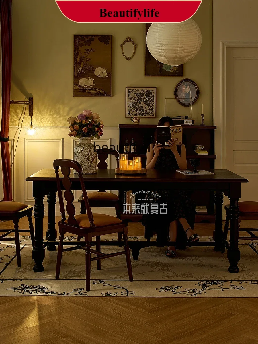 

Q132 American solid wood dining table and chairs living room home dining table French retro light luxury rectangular tableAsmt52