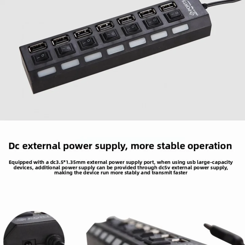 7 Port USB Hub, USB 2.0 Splitter with Individual On-Off Switches, Multi Port USB Expander for Laptop Desktop PC Computer