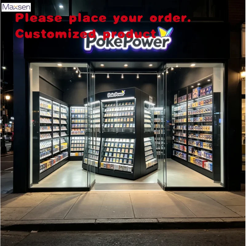 custom.Maxsen Multi-Tier Slanted LED Trading Card Display Lockable Black Collectible Gaming Cards Shopping Mall