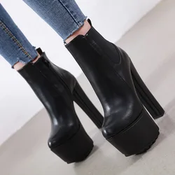 Women Ankle Boots Round Toe Black Leather 16CM Thick Heel Platform Booties Winter Party Shoes Women's Short Boots WSH5202