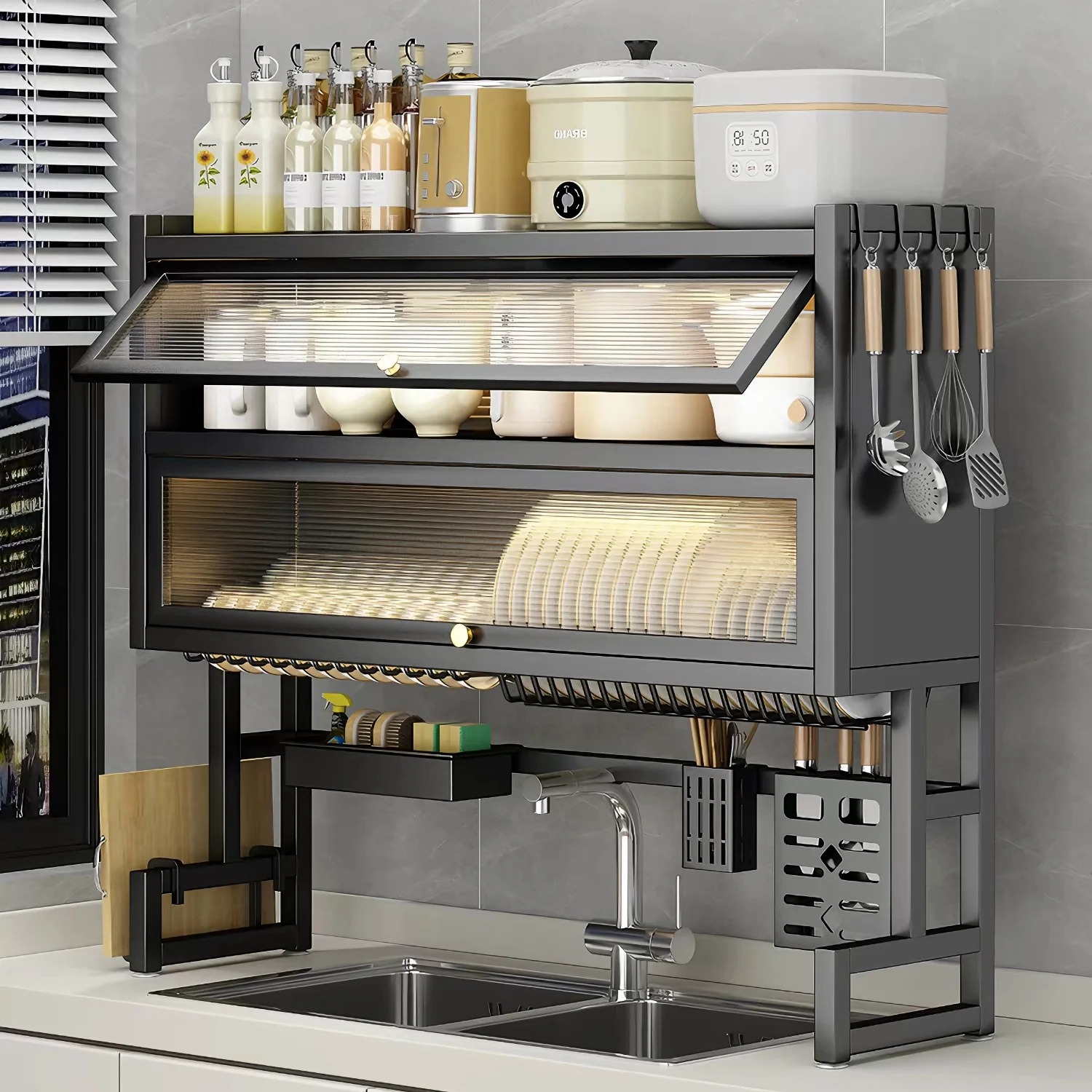Égouttoir à vaisselle pour évier avec porte-ustensiles, égouttoir réglable et extensible, organisateur de table pour assiettes, bols et planches à découper