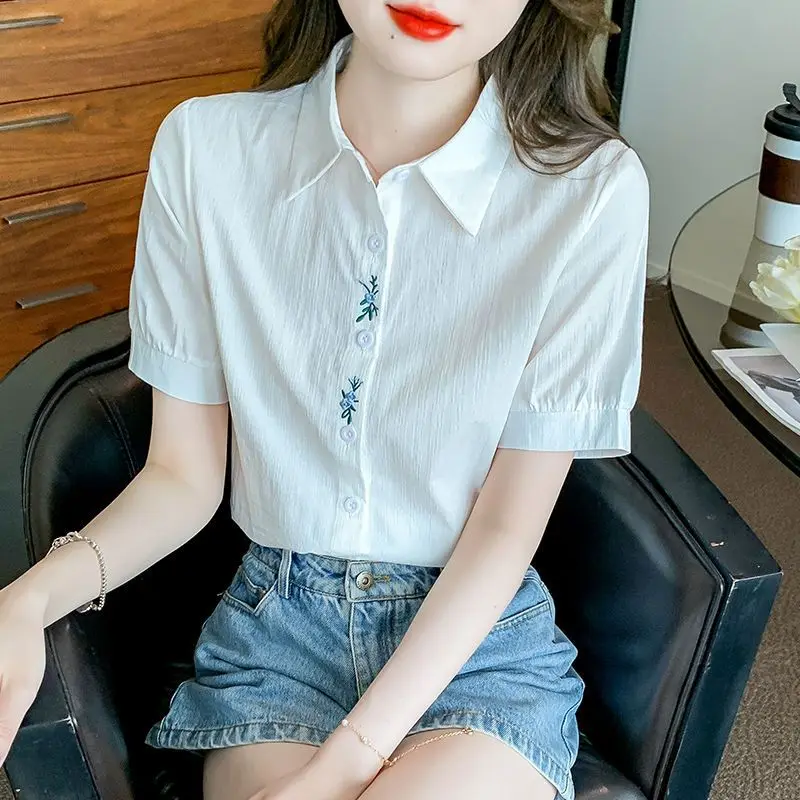 Simplicity Commute Summer New Blouses Women\'s Solid Color Spliced Polo Neck Button Loose Retro Embroidered Short Sleeve Shirts