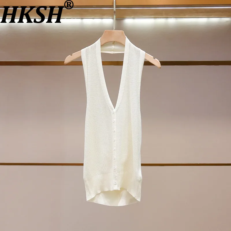 HKSH Women Vest High-End Fashion Simple Versatile V-Neck Halter Single Breasted Backless Solid Color Sleeveless Tank Top HK26489