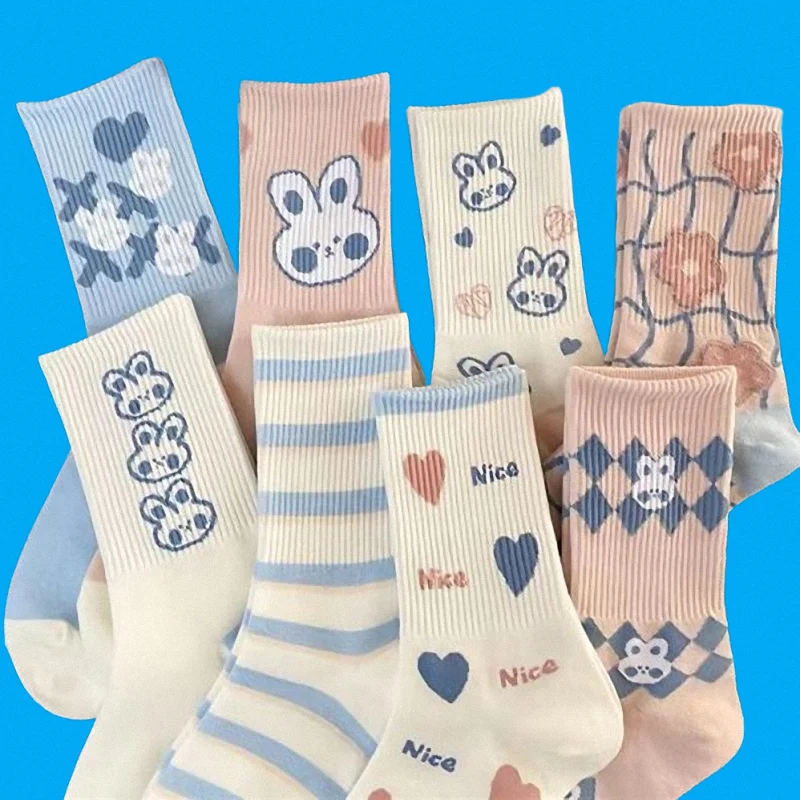 8/16 Pairs Women's Student Cotton Socks Middle-tube Casual Socks Versatile High-value Forest Cute Women's Cartoon Rabbit Socks