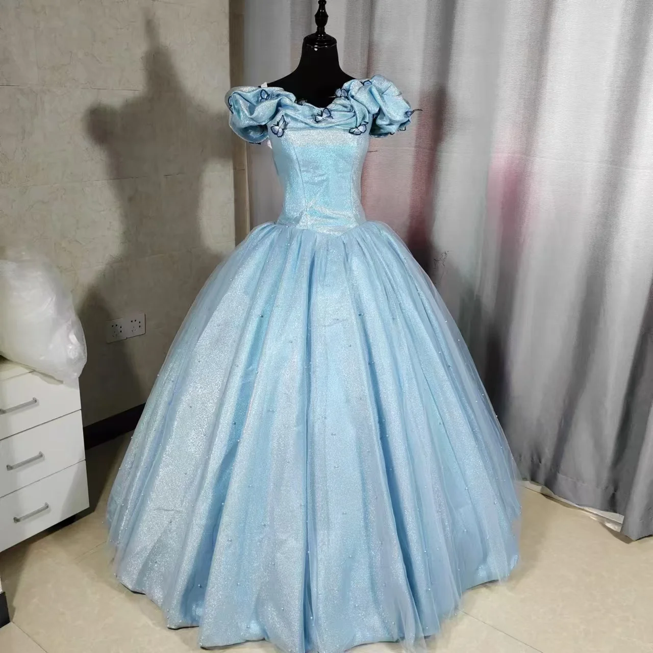 Custom New Shinny Blue Quinceanera Dress With Butterfly Organza Sweet 15 Masquerade Ball Gowns