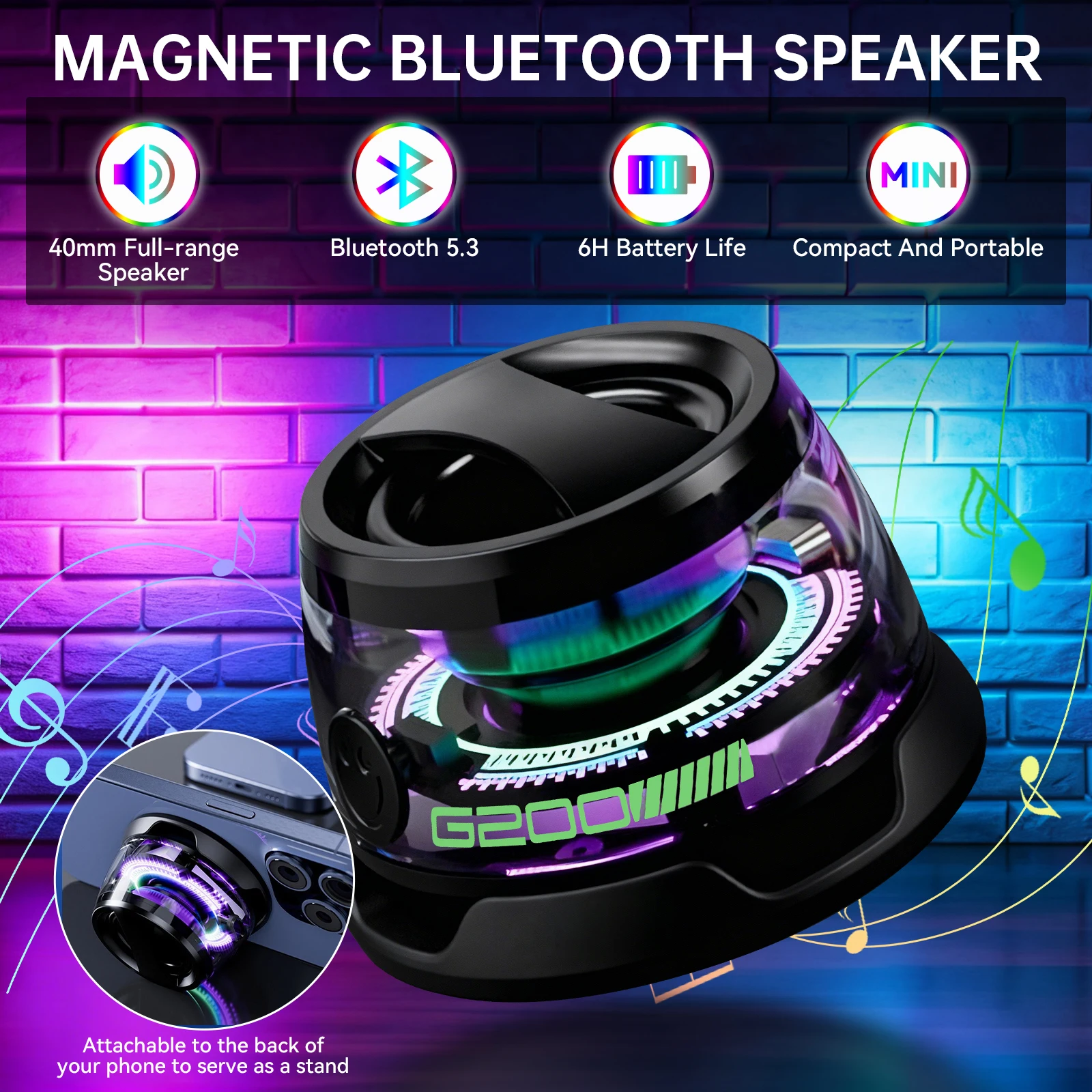 INEYES G200 Portable Bluetooth Speaker HECATE RGB Lighting Magnetic Speaker BT5.3 Mini Sound Box 7 Hours Playback Phone Holder