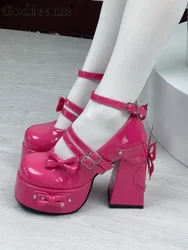 Japanese Girl Lolita Rivet Bow Round Toe Bright Leather Waterproof Platform Thick High Heels Autumn Fashion Y2k Mary Jane Shoes