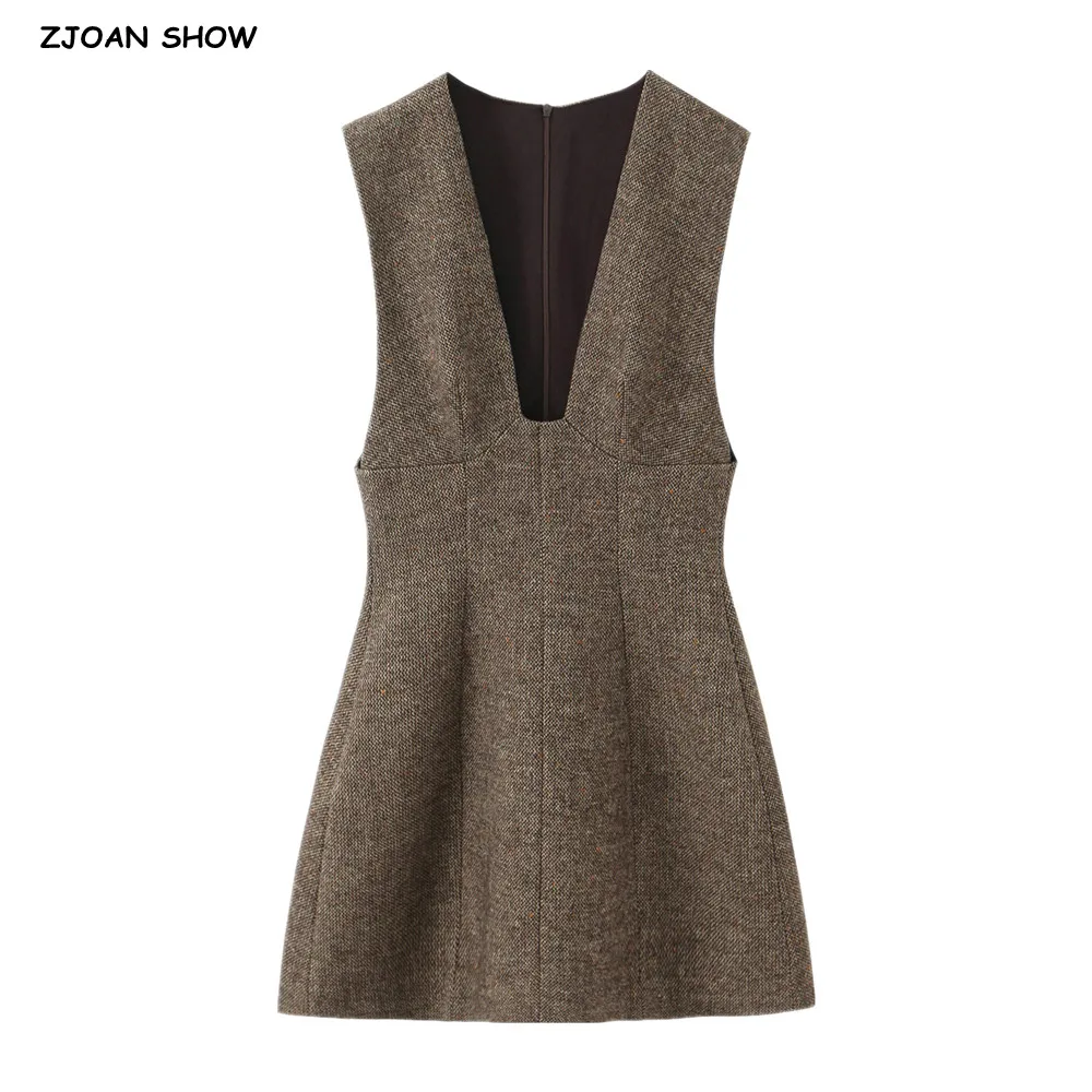 Nuevo vestido elegante de otoño con escote en V profundo y Tweed grueso sin mangas para mujer, Vestidos cortos ajustados de cintura baja acampanados, Vestidos sin mangas, bata de fiesta