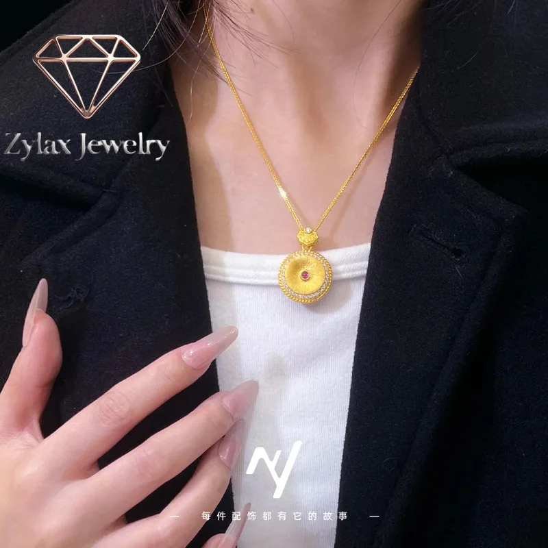 Zylax Jewelry Luxury 24K 9999 Pure Gold real gold Women's Point Drill Brushed Xiangyun Safe Buckle Pendant Necklace Round Brand