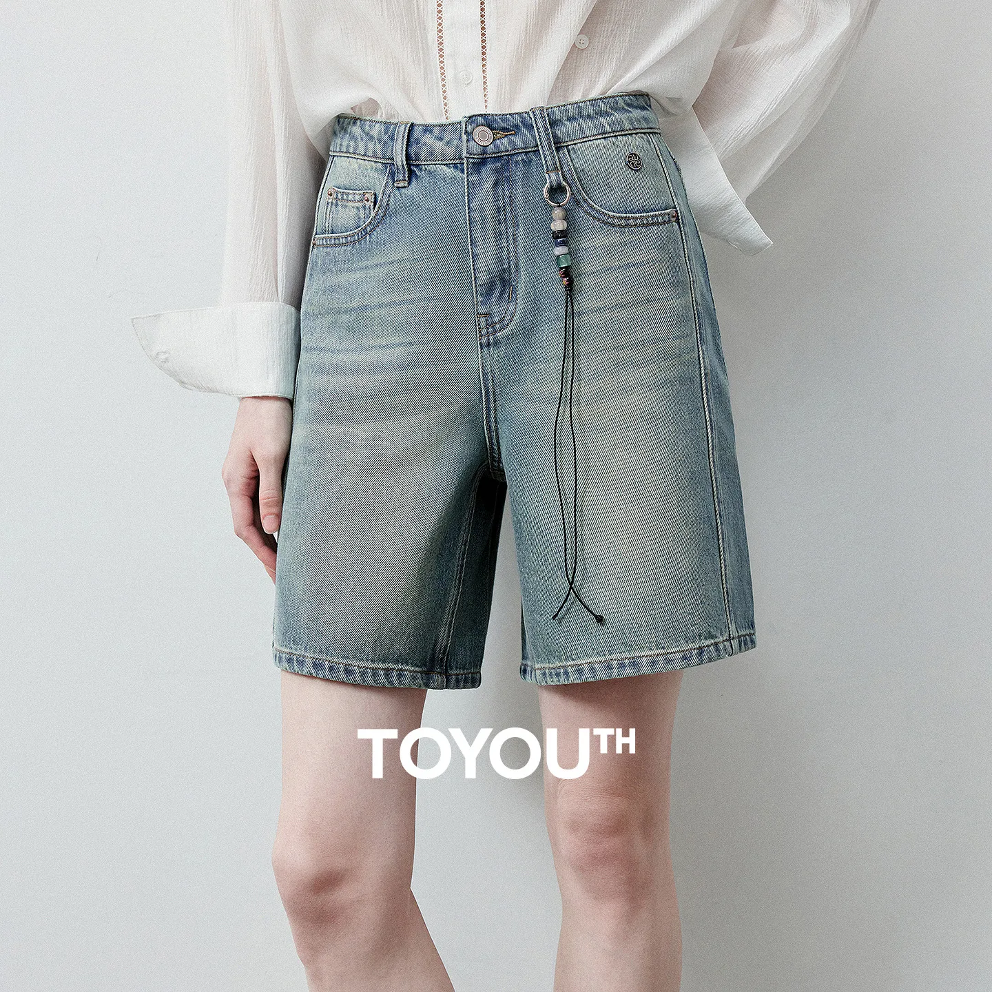 TOYOUTH Women Cotton Denim Shorts 2026 Summer New Side Seam Forward Design Unique Bead Pendant Decor Wide Leg Casual Shorts