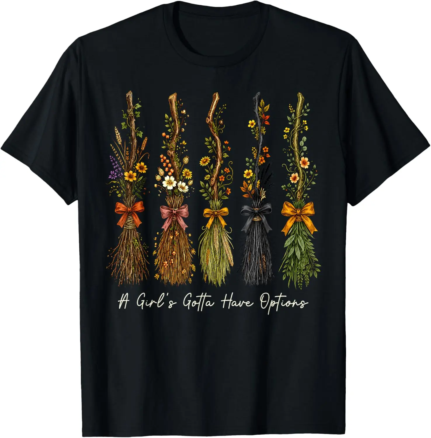 Vintage 90S Retro Broomstick A Girl’S Gotta Have Options T-Shirt Men Women Unisex Novelty Graphic T‑Shirt, Classic Crew Neck 100% Cotton Tee, Lightweight Anti‑Pilling Breathable Casual Tops, Year‑Round Daily Outfit, Holiday Birthday Present Tee