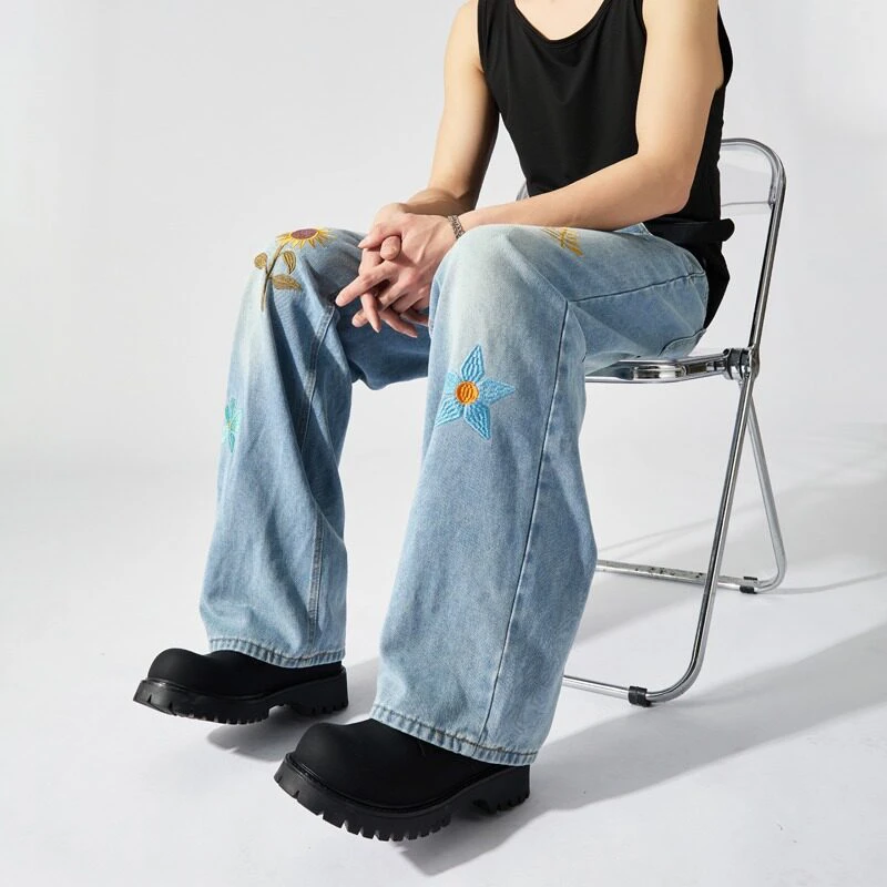 Whth nova moda masculina bordado lavagem reta solta calças jeans na moda verão casual de cintura alta perna larga jeans masculino 2a0190