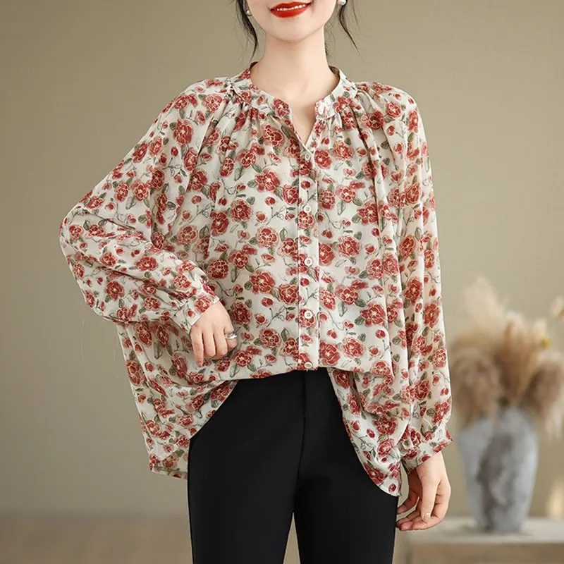 

Women Long Sleeve Chiffon Shirt New Arrival 2024 Summer Vintage Style Floral Print Loose Female Casual Tops Shirts W1849