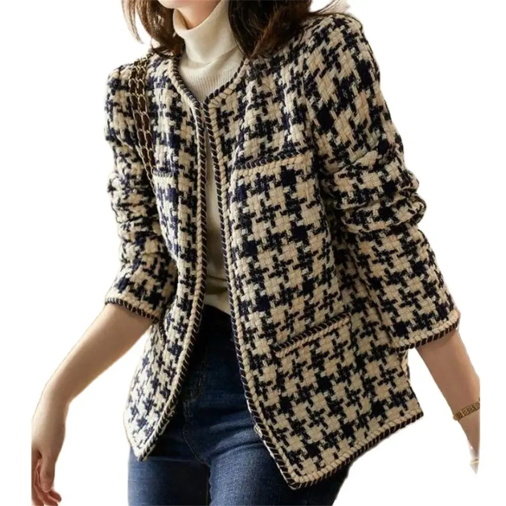 

Autumn Women Blazer Pocket Lining Causal Tweed Coat Ol Suit Jacket Tweed With Cotton 2024 Elegant Weave Plaid Outerwear Winter