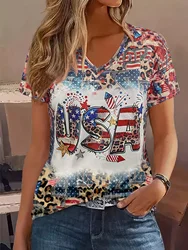 Plus Size Flag Letter Print V Neck T-Shirt Casual Short Sleeve Top For Spring & Summer Women's Plus Size Clothing