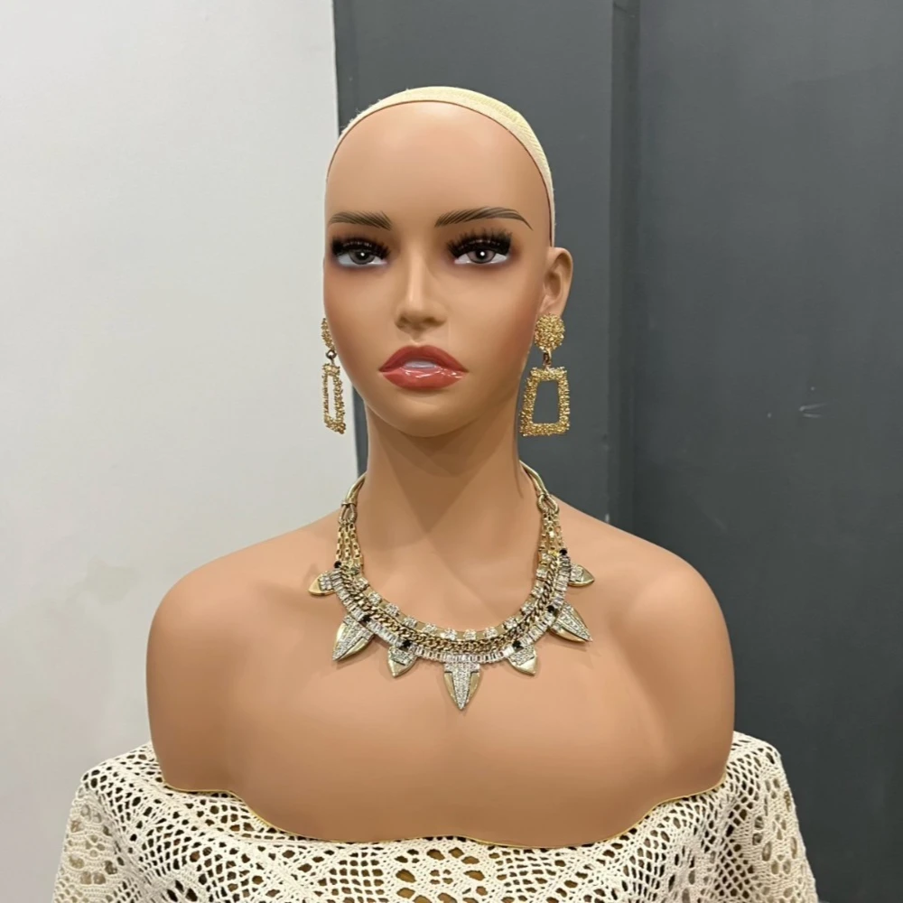 European American Realistic Female Mannequin Head with Shoulders for Wig Hat Showcase